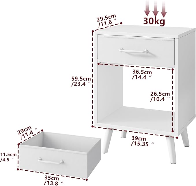 YMYNY Nightstand Set of 2, Bedside Table, Side Table with Fabric Drawer, Handle and Open Compartment, Solid Wood Legs, Wooden Coffee Table for Bedroom, White UHST020W-2