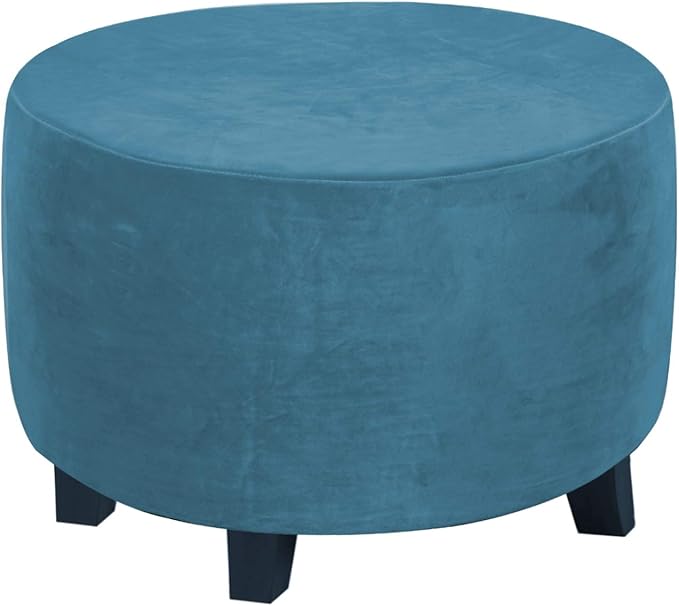 H.VERSAILTEX Round Ottoman Slipcover Ottoman Covers Slipcover Footstool Protector Covers Storage Stool Ottoman Covers Stretch with Elastic Bottom, Real Velvet Plush Fabric (Medium, Peacock Blue)