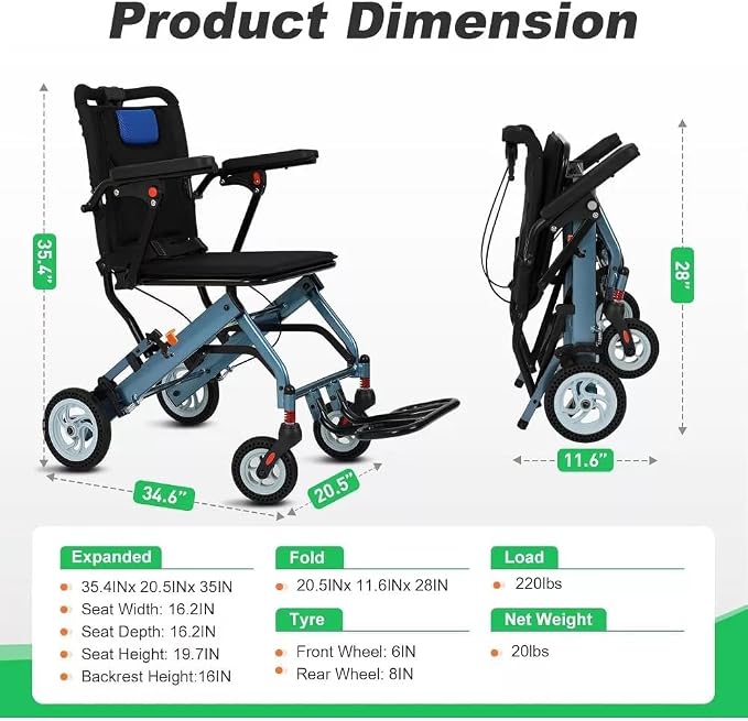 IDEALHOUSE Portable Lightweight Folding Wheelchair for Seniors, 16" Seat, Transport Chair with Flip Armrests, Swing Footrests, Locking Handbrakes, Travel Mobility Wheelchair for Elderly, Easy to Carry