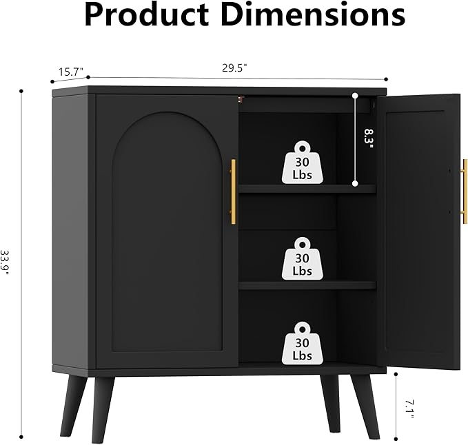 Keehusux 15.7" D Black Buffet Cabinet with Storage, Accent Buffet Sideboard with Adjustable Shelf and Solid Wood Legs, Modern Floor Storage Cabinet for Kitchen, Living Room, Black