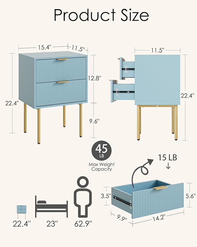 Aienvey Night Stand, Modern Nightstand with Drawers, Bedside Table, Gold Small Side Table for Bedroom, Living Room End Table (Blue Stripe, 2 Drawers)