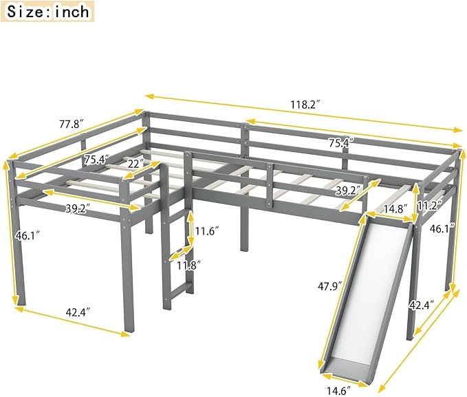 Merax Twin Size Double Loft Bed with Slide and Ladder, Wooden L-Shaped Bed Frame with Full-Length Guardrail, Wood Bedframe for Kids Teens Adults Bedroom, 2 Twin Beds, Grey