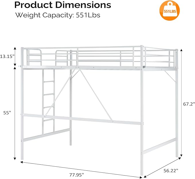 VINGLI Loft Bed Full Size with Flat Rungs for Adults, Kids and Young Teens, No Box Spring Required,Heavy Duty Metal Slat Support,White
