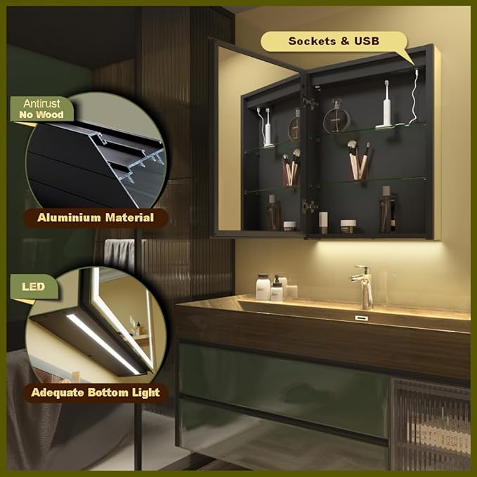 GANPE LED Lighted Bathroom Medicine Mirror Cabinet with Sockets & USBs, Anti-Fog Dimmable Light and Color Adjustment, Easy to Install Aluminum Cabinet (20 * 28 Left Hinge)