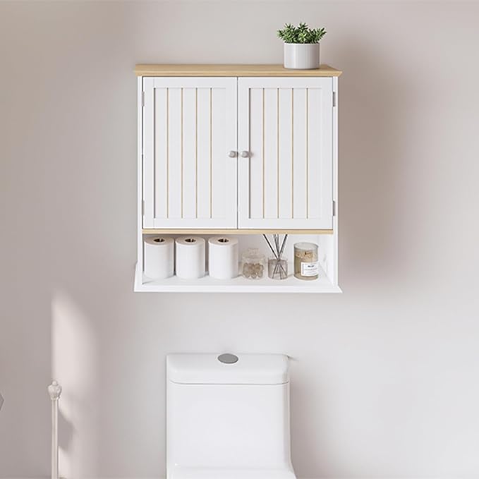 Viaozutis Over The Toilet Bathroom Wall Cabinet with 2 Doors and Open Shelf, Wooden Space Saving Storage Cabinet, Medicine Cabinet for Bathroom Organization, White