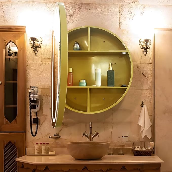 Round Medicine Cabinet with Light,3 Color Temperature,Dimmer,Defogger,32inch,Gold