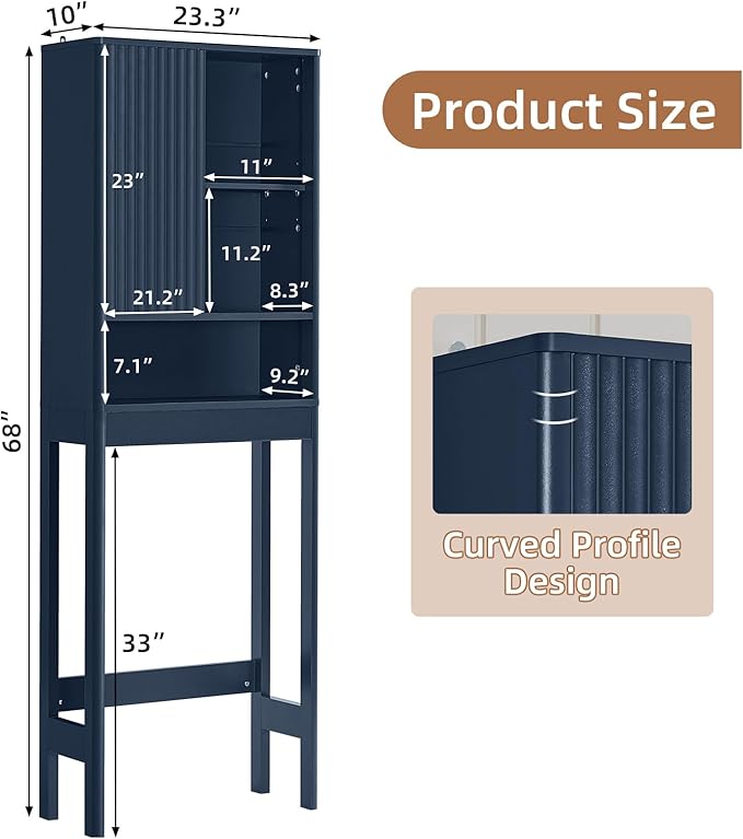 LEYAOYAO Fluted Over The Toilet Storage Cabinet, Farmhouse Over Toilet Bathroom Organizer with a Sliding Door, 68" Tall Blue Freestanding Washer Shelf with Adjustable Shelf & Curved Profile