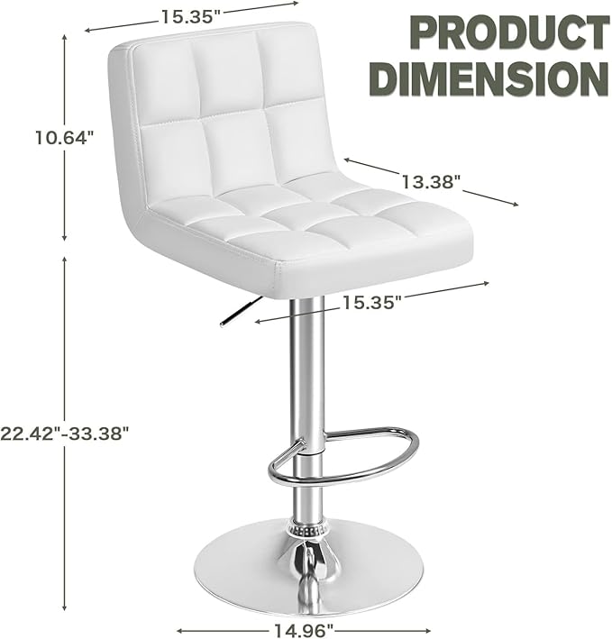 Furmax Bar Stools Modern Pu Leather Swivel Adjustable Hydraulic Bar Stool Square Counter Height Stool Set of 2 (White)