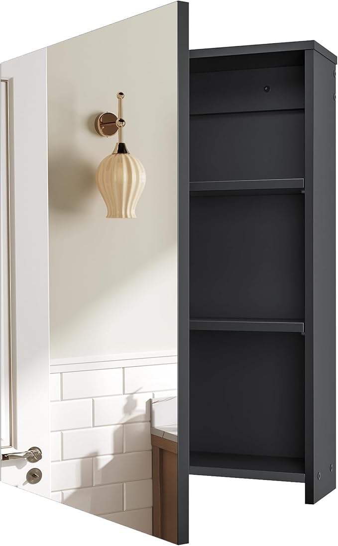 CHOEZON Bathroom Medicine Cabinet, Wall-Mounted Bathroom Vanity with Mirror, Bathroom Medicine Cabinet with Storage Function, Hanging Storage Cabinet, Adjustable Shelves, Black