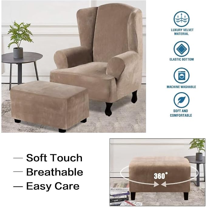 H.VERSAILTEX Real Velvet Plush 1 Piece Form Fit Stretch Rectangle Folding Storage Covers Ottoman Slipcovers Removable Footstool Protect Footrest Covers Elastic Bottom, Machine Washable(Large, Camel)