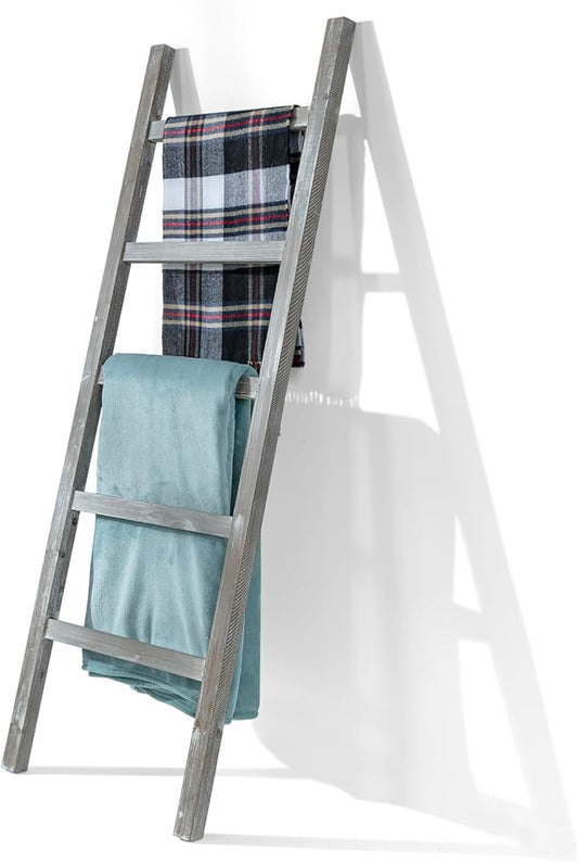 MyGift 54 inch Tall Fully Assembled Wood Blanket Ladder, 5-Tier Wall Leaning Towel Rack, No Assembly, Whitewashed
