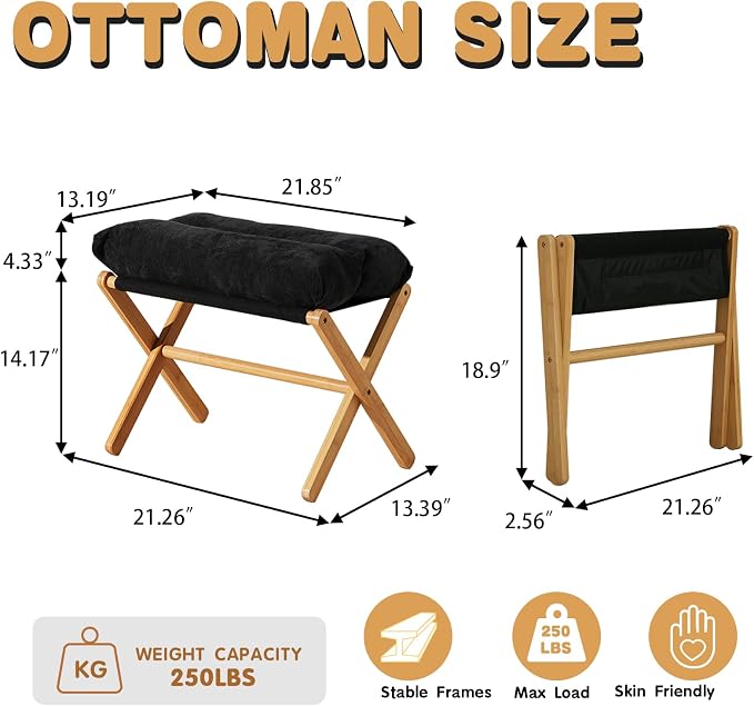 Baveke Ottoman Foot Rest- Bamboo Foldable Stool, Foot Stools Small Ottman with Upholstered & X Legs, Folding Stool for Makeup, Bedroom and Living Room, FSC-Certified (Black)