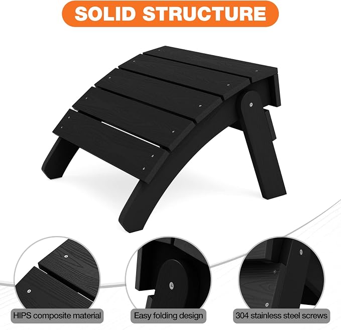 YEFU Adirondack Ottoman Set of 2, Patio Foot Rest, Adirondack Foot Rest, Folding Adirondack Footstool, Weather Resistant for Adirondack Chair, Widely Used for Outdoor, Porch, Backyard, Fire Pits-Black