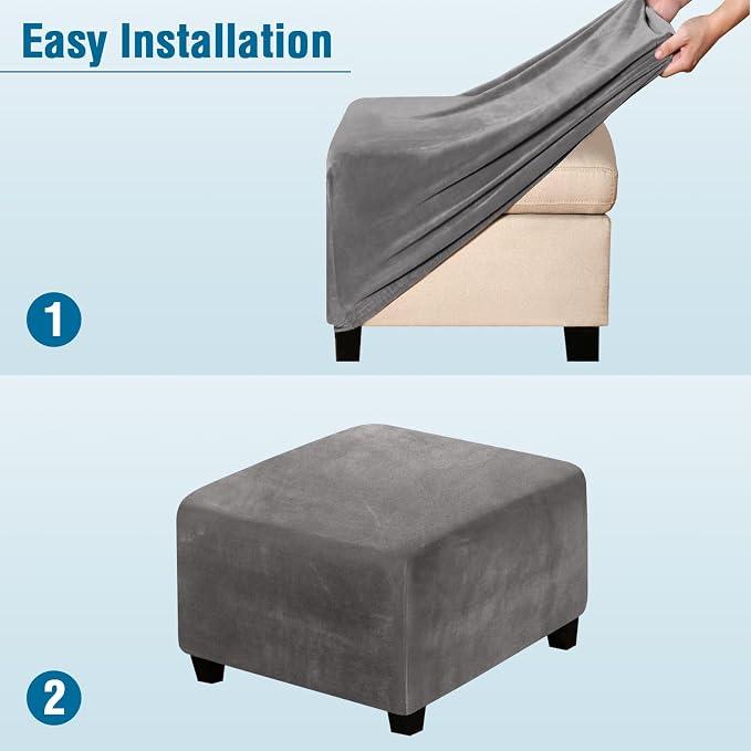 H.VERSAILTEX Square Ottoman Covers Ottoman Slipcover Square Footstool Protector Covers Storage Stool Ottoman Covers Stretch with Elastic Bottom, Feature Real Velvet Plush Fabric, Gray