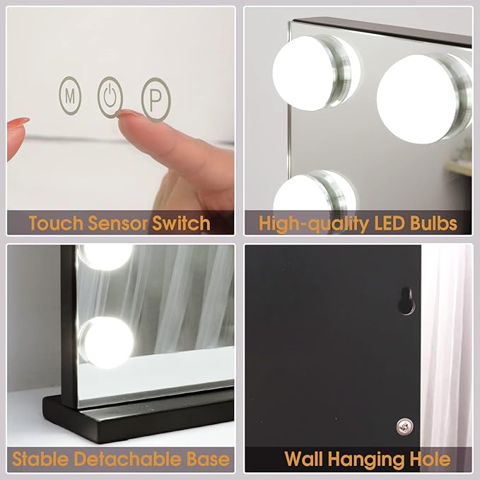 Hansong Black Vanity Mirror with Lights Large Hollywood Vanity Mirror with 15 LED Bulbs Lighted Makeup Mirror 3 Color Lighting Modes for Bedroom