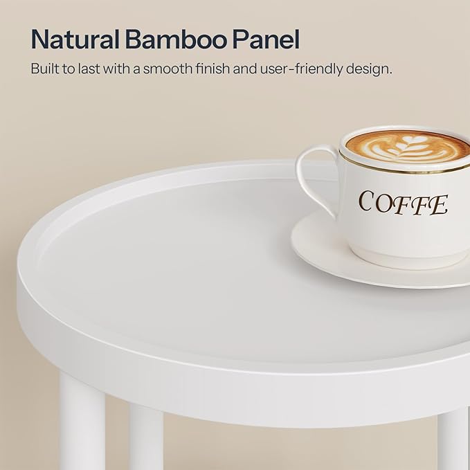 HOOBRO Small Round Side Table with Charging Station, 3-Tier Round Bamboo End Table, Compact Sofa Bedside Table for Small Space, Easy Assembly, for Living Room, Bedroom, Apartment, White WT152UBZ01