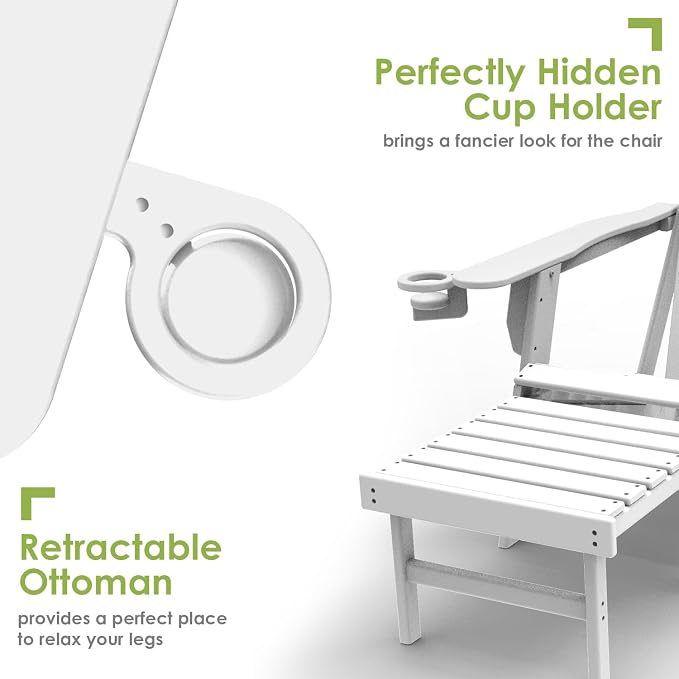 GREENVINES Adirondack-Chairs-with-Ottoman | Set of 2 | Folding | Retractable-Footrest | HDPE Plastic | All Weather Fire Pit Chair | Cup Holders | White | for Outdoor Poolside