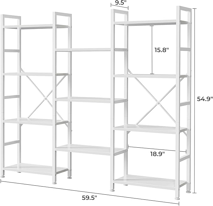 SUPERJARE Triple Bookshelf, Bookcase with 11 Open Display Shelves, Wide Book Shelf Book Case for Home & Office, 4 Tier, White