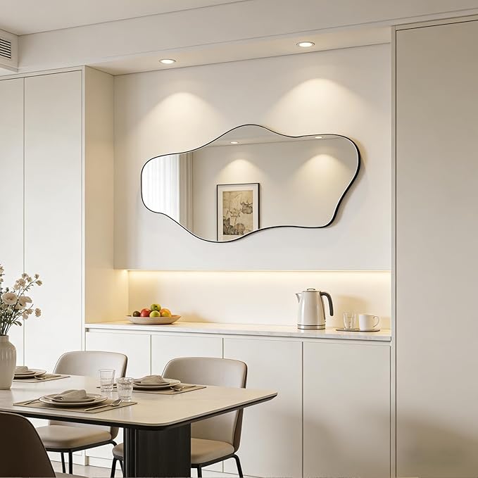 Large Irregular Mirror, 55"x25.6" Asymmetrical Aesthetic Wall Mirror with Metal Frame, Modern Organic Shaped Mirrors for Living Room Bedroom Hallway Entryway, Horizontal or Vertical Hanging