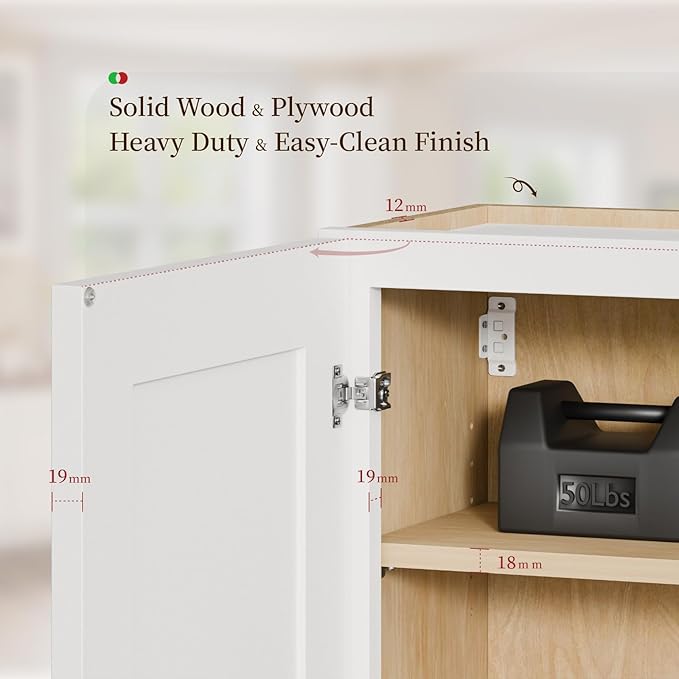 Kisart Laundry Room Cabinets Wall Mounted with Doors & Shelves, Solid Wood RTA Medicine Storage Cabinet, 24Wx30Hx12D Inch White Shaker Hanging Cupboard, Space-Saving for Kitchen, Bathroom, Garage