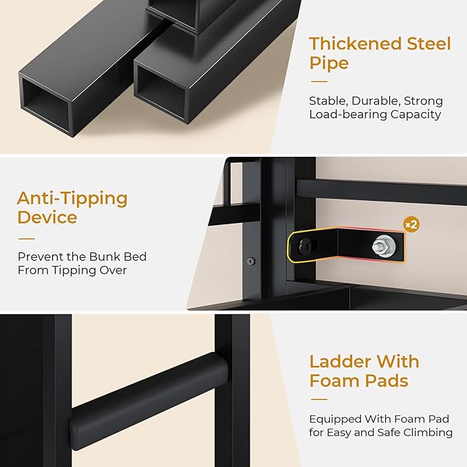 ADORNEVE Bunk Bed Twin Over Twin Size with 8 Storage Drawers, Twin Bunk Beds with Led Lights & Storage Shelves, Metal Loft Bed with 13.4" H Safety Guardrail & Ladder, for Kids & Teens, Black