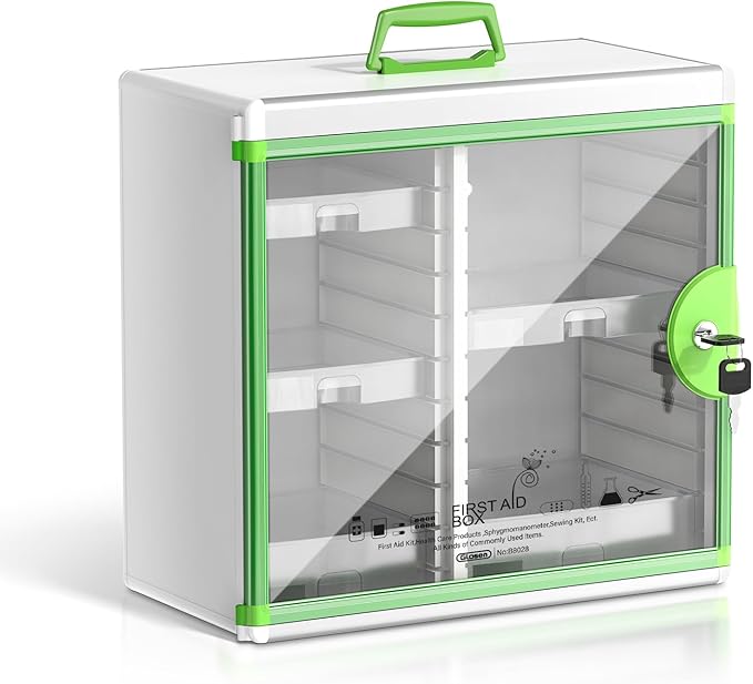 Glosen Lockable Medicine Cabinet with 5 Removable Trays, Wall Mounted & Portable Locking Medicine Cabinet Organizer with Key Lock for Home, Bathroom, Office - Aluminum Alloy Frame(13.6x13.4x6.5Inch)