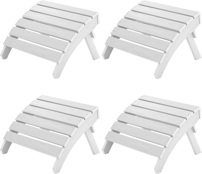 MXIMU Folding Adirondack Ottoman Set of 4: HIPS Plastic Outdoor Footrest Easy Assembly - All Weather Foot Stool Foot Rest for Adirondack Chair Use in Patio Garden Backyard Pool (White)