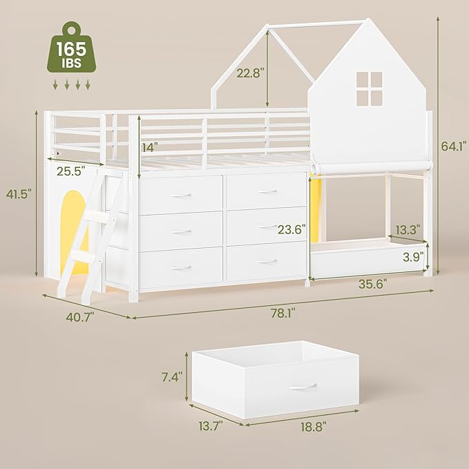 UPOSOJA Twin - Low Loft Bed with Kids Clothing Rack, Kids Loft Bed, Loft Bed with Tent, Toy Storage Box, Safety Guardrail, LED Light, Under-Hide and Seek Bed Play Space (White)