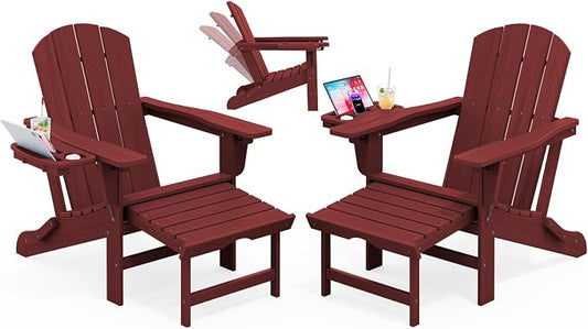 KINGYES Adjustable Folding Adirondack Chair with Footrest & 4-in-1 Multi-Functional Armrest Organizer Set of 2, HDPE Foldable Recliner Adirondack Chair with Pull-Out Ottoman, Red