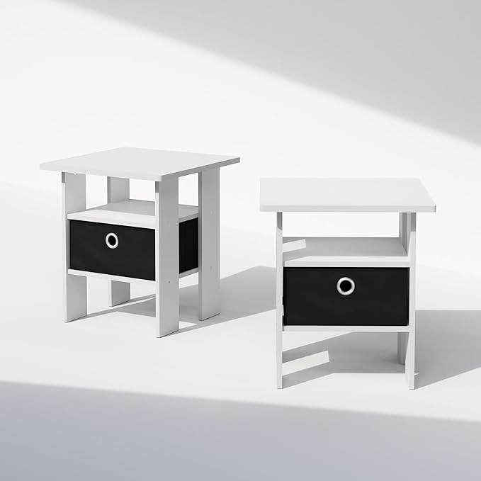 Furinno TIDUR Night Stand Set of 2, Open Shelf Design Nightstand with Storage Bin, Bedside Table, End Table, Side Table, for Bedroom, Closet, Dorm, White