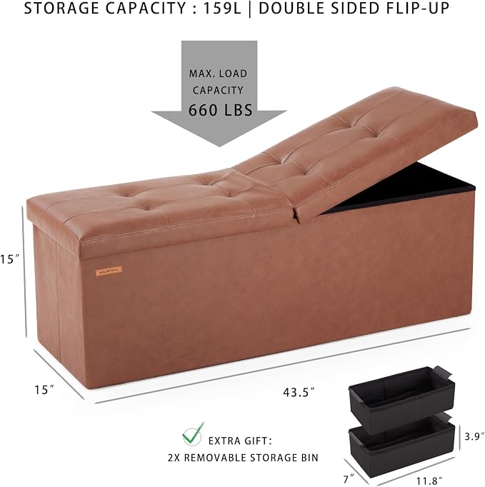 HAUSFRAU Storage Ottoman Bench with Flipping Lid, 43.3 Inches Storage Chest Footsrest, Folding Foot Stool for Entryway, Living Room, Bedroom, Synthetic Leather Ivory