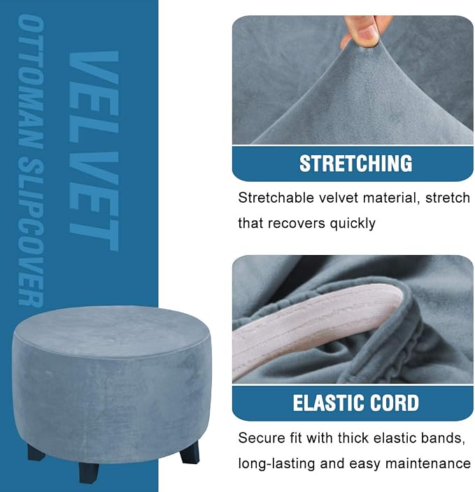 H.VERSAILTEX Round Ottoman Slipcover Ottoman Covers Slipcover Footstool Protector Covers Storage Stool Ottoman Covers Stretch with Elastic Bottom, Real Velvet Plush Fabric (X-Large, Stone Blue)