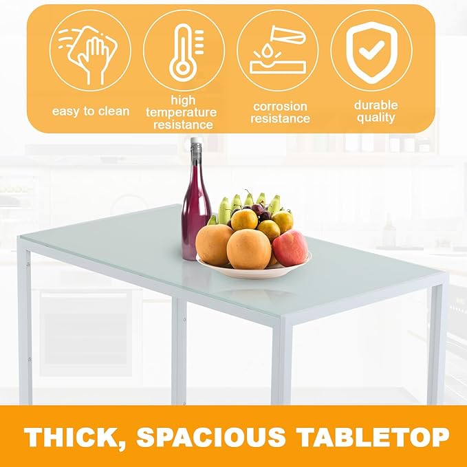 FDW | 5-Piece Dining Table Set | White | Glass Kitchen Table with 4 Upholstered Chairs and Faux Leather Cushions | Space-Saving and Modern Design | for Dining Room, Easy to Assemble
