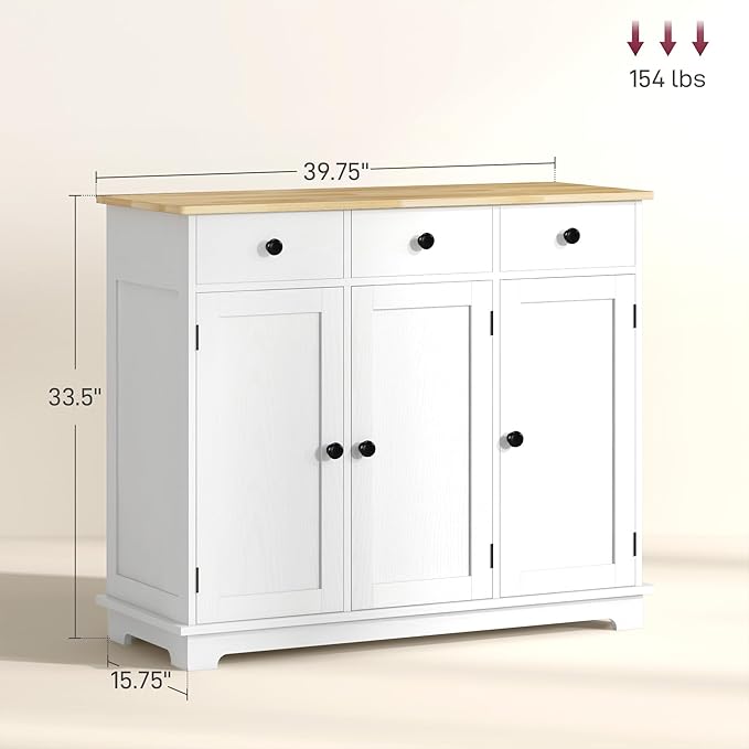 HOMCOM Sideboard Buffet Cabinet with Solid Wood Countertop, Modern Kitchen Storage Cabinet, Coffee Bar Cabinet with 3 Drawers, Doors and Adjustable Shelf, Distressed White