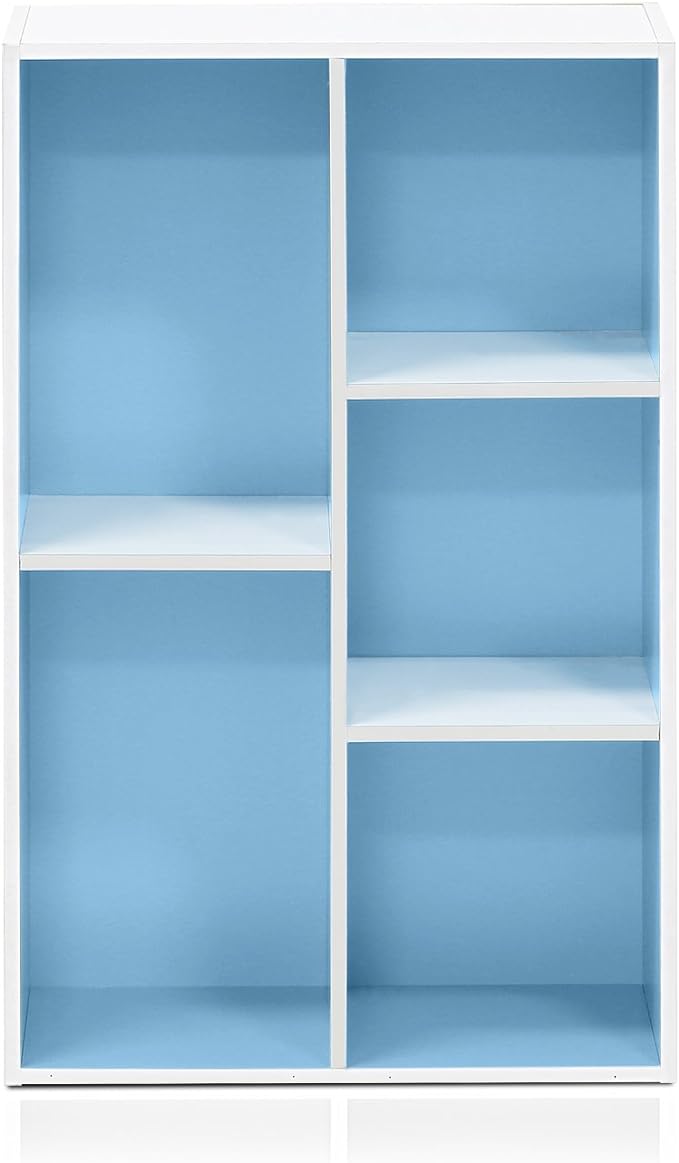 Furinno LUDER Book Shelf, 5-Cube Bookshelf, Reversible Bookcase, 9.4 x 19.5 x 31.5, Easy Assembly, for Living Room, Bedroom, Home Office, White/Light Blue