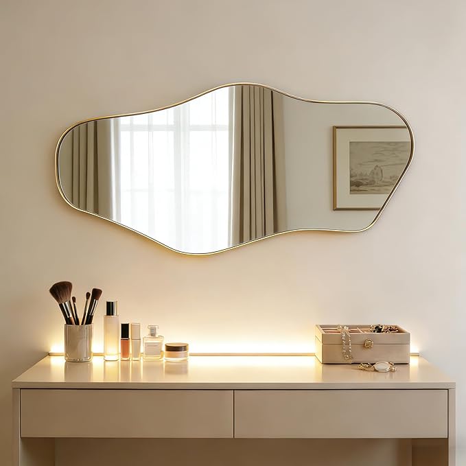 Irregular Wall Mirror, 40"x18" Asymmetrical Mirror with Gold Metal Frame, Organic Shaped Mirror for Living Room Bathroom Bedroom Hallway Entryway, Hangs Vertically or Horizontally