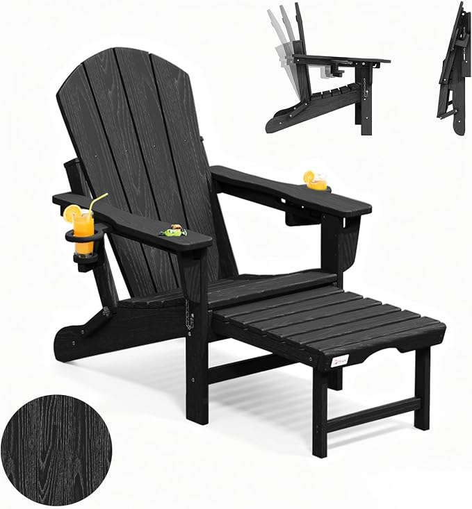 Mdeam 3-Level Adjustable Adirondack Chair with Retractable Ottoman, HDPE All-Weather Folding Fire Pit Chair with 2 Cup Holders, Outdoor Chair for Deck Patio Garden Backyard Lawn (Black)