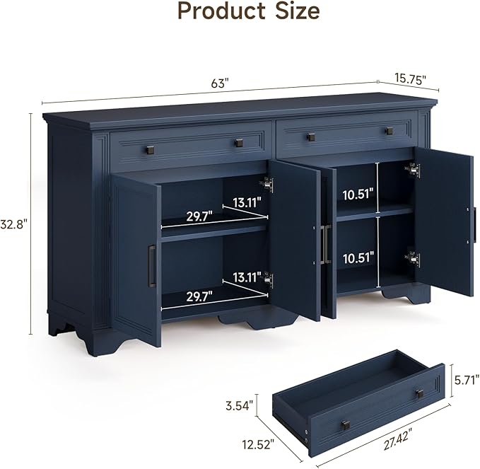 ONBRILL 63" Sideboard Buffet Cabinet, Kitchen Buffet Storage Cabinet, Large Credenza with Drawers & Doors, Wood Coffee Bar Console Wine Bar for Living Room Hallway Blue