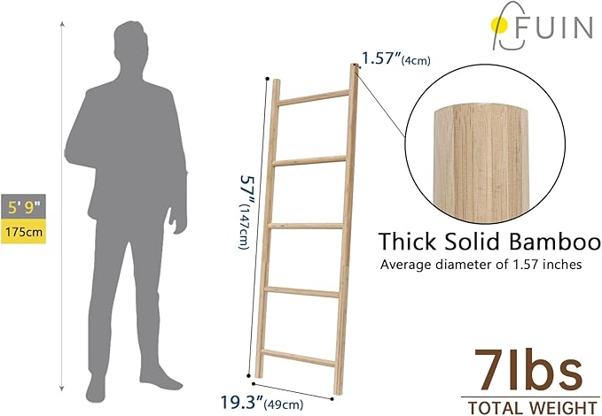 FUIN Fully Assembled 57in Bamboo Blanket Ladders Living Room Wood Decorative Wall Leaning Farmhouse Quilt Display Holder Rustic Wooden Towel Rack for Bathroom, Unfinished