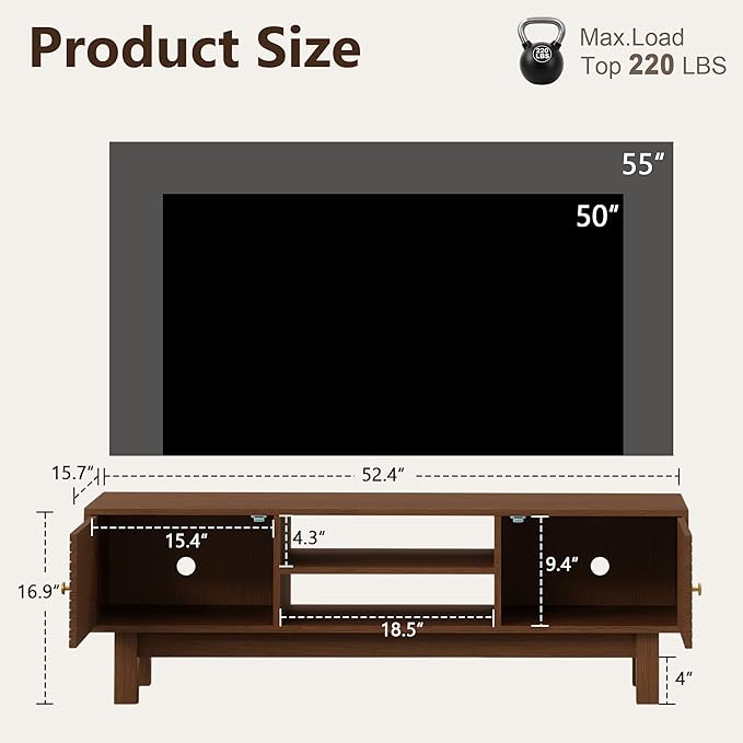 YOSHOOT Mid Century TV Stand for 55 inch TVs, Modern Entertainment Center with Storage Cabinets, Solid Wood Media Console with Open Shelves for Living Room & Bedroom, Antique