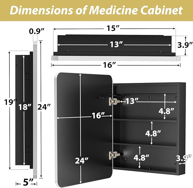 APRILSOUL 16x24 Inch Lighted Bathroom Medicine Cabinet with Mirror, Silver Recessed or Surface Mount Medicine Cabinet Mirror with Storage and LED Lights, 3 Colors Temperature, Dimmable Light