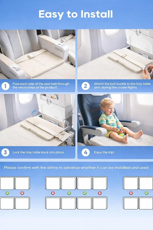 Toddler Airplane Seat Extender – Portable Travel Footrest & Leg Support for Kids – Foldable Cushion Design with Carry Bag – Lightweight Travel Accessory (Off-White)