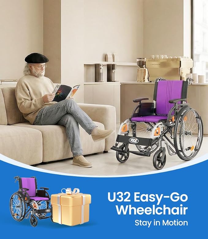 VOCIC Ultra Lightweight Wheelchair for Adults, 23lb Frame Portable Foldable Self-Propelled Wheelchairs for Seniors with Quick Release Wheels, Swing-Away Footrests,Flip-Back Arm, 300 lbs Purple