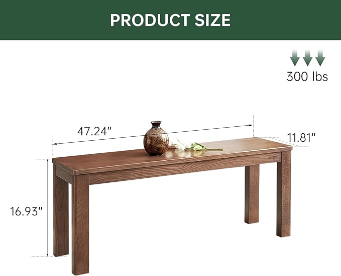 100% Solid Oak Wood Dining Bench, 47.3'' Entryway Bench Extra Chair Seat Long Ottoman with Squre End & Round Corner for Kitchen Living Room Bedroom, Walnut