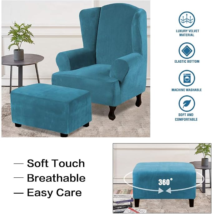 H.VERSAILTEX Real Velvet Plush 1 Piece Form Fit Stretch Rectangle Folding Storage Covers Ottoman Slipcovers Removable Footstool Protect Footrest Covers Elastic Bottom Washable(Large, Peacock Blue)