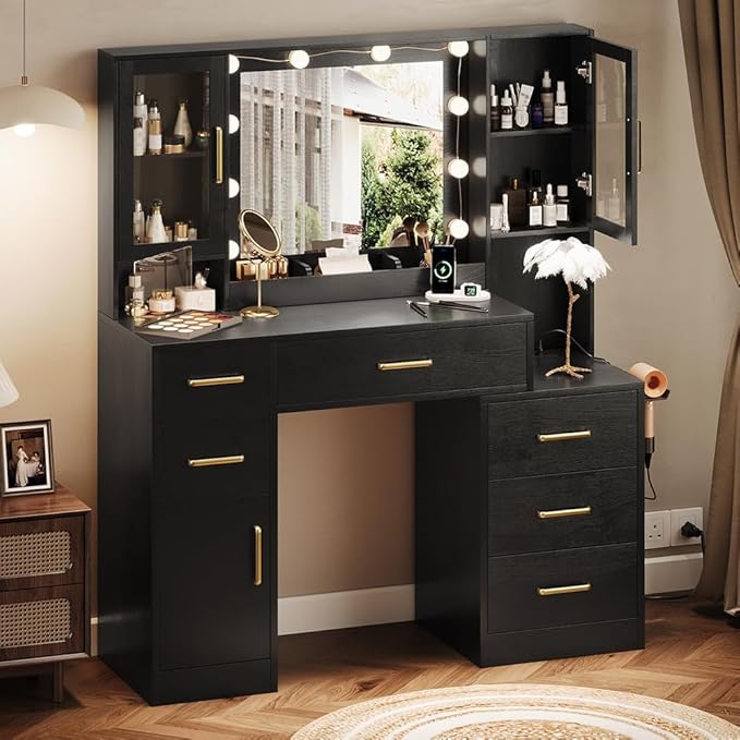 TOKSOM Makeup Vanity Desk with Mirror and Lights, 51" Makeup Vanity with Lights & Charging Station, Dressing Table Vanity Set for Bedroom, Vanity Table with 6 Drawers and 3 Cabinet Black