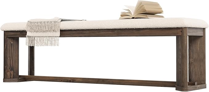 LITTLE TREE 63" Upholstered Bench, Solid Wood Entryway Shoe Bench with Cushion, Long Modern Farmhouse End of Bed Bench with Antique Brown Legs & Faux Lamb Fur Seat for Bedroom, Living Room, Dining