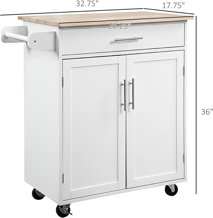 HOMCOM Kitchen Island Cart, Rolling Island Table with Solid Wood Top, Trolley Cart with Drawer, Storage Cabinet & Towel Rack, White
