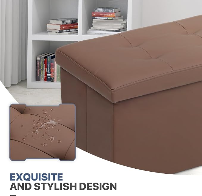 MoNiBloom 30 Inch Storage Ottoman Bench, 24 Gal. Folding Ottoman Footrest, End of Bed Bench, Rectangle Foot Stool, Supports 600 lbs, for Bedroom, Living Room, Entryway, Hallway, Brown