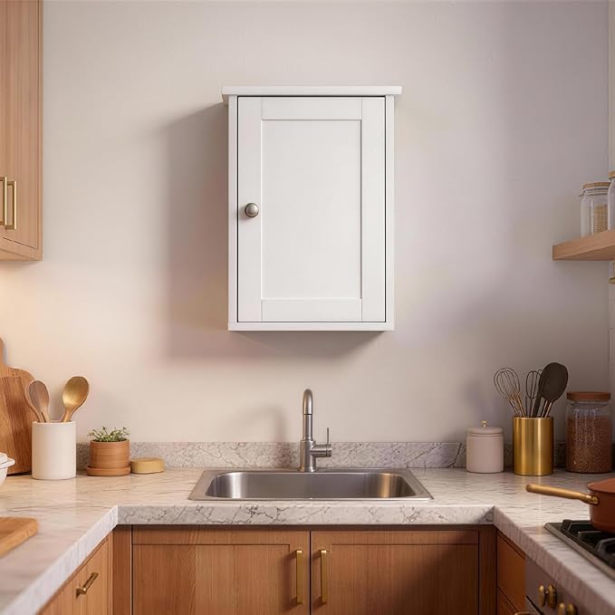 VINGLI Bathroom Wall Cabinet, White Medicine Cabinet with Single Door, Small Over Toilet Storage Organizer with Adjustable Shelf, Hanging Kitchen Cupboard for Laundry Room, 13.7x7.5x19.7 Inch